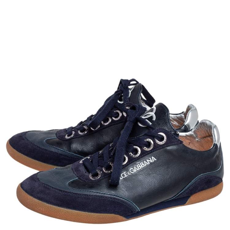 Pre Owned Dolce & Gabbana Navy Blue Leather and Suede Lace Up Sneakers Size 40