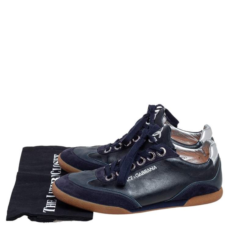 Pre Owned Dolce & Gabbana Navy Blue Leather and Suede Lace Up Sneakers Size 40