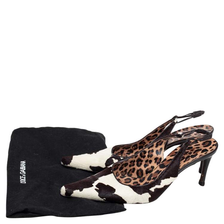 Pre Owned Dolce & Gabbana Black/Brown Leopard Print Pony Hair Slingback Sandals Size 38.5