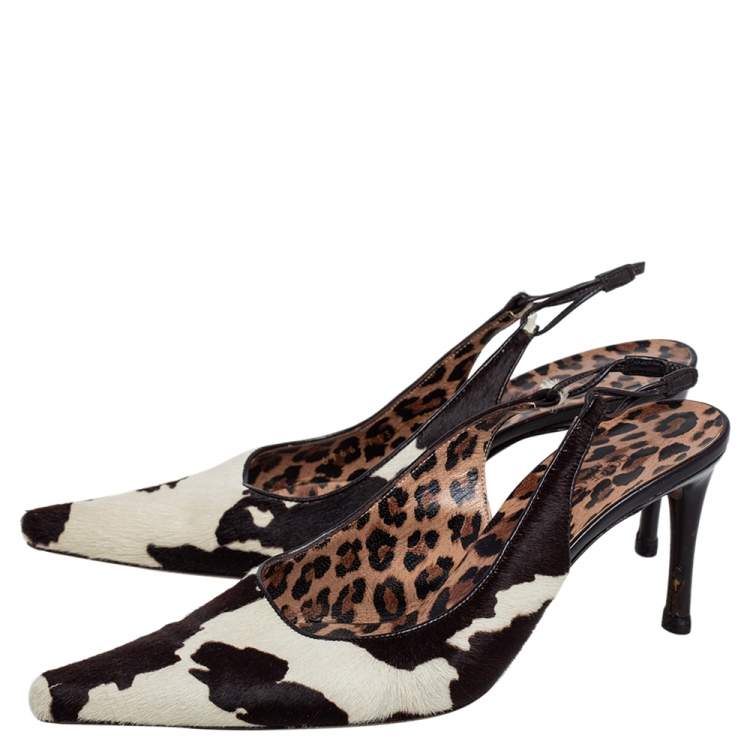 Pre Owned Dolce & Gabbana Black/Brown Leopard Print Pony Hair Slingback Sandals Size 38.5