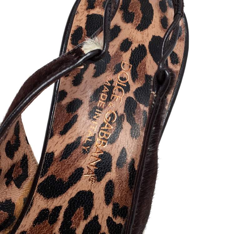 Pre Owned Dolce & Gabbana Black/Brown Leopard Print Pony Hair Slingback Sandals Size 38.5