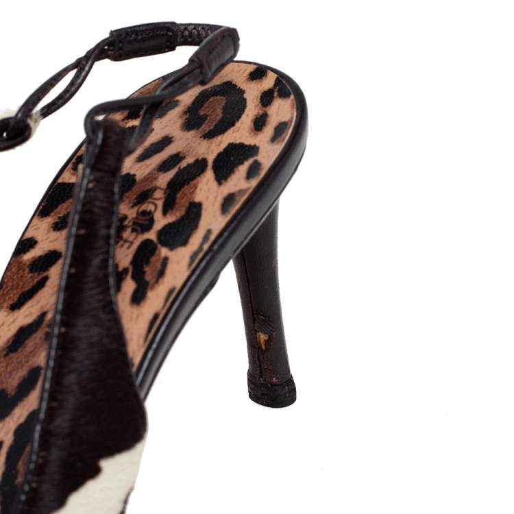 Pre Owned Dolce & Gabbana Black/Brown Leopard Print Pony Hair Slingback Sandals Size 38.5