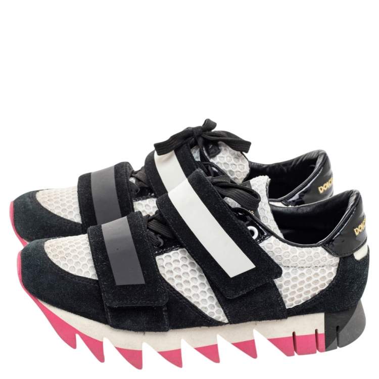 Pre Owned Dolce & Gabbana Black/White Suede And Mesh Colorblock Pattern Sneakers Size 37