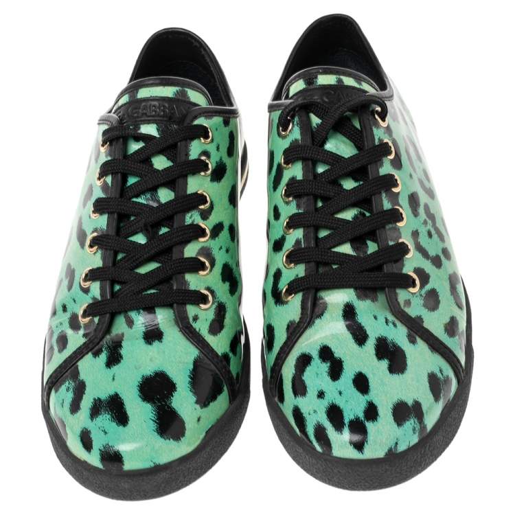 Pre Owned Dolce & Gabbana Green Animal Print Patent Leather Low Top Sneakers Size 39