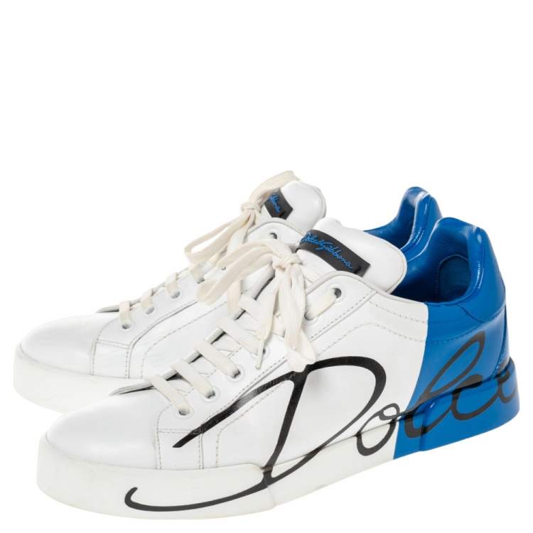 مملوكة مسبقًا Dolce & Gabbana White/Blue Leather Portofino Sneakers Size 39