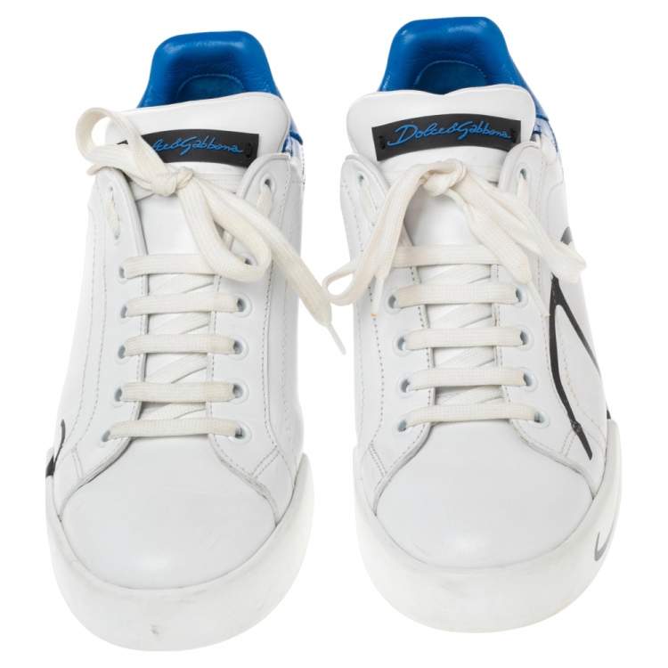 مملوكة مسبقًا Dolce & Gabbana White/Blue Leather Portofino Sneakers Size 39