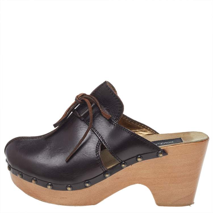 Pre Owned Dolce & Gabbana Dark Brown Leather Wooden Clog Sandals Size 39.5
