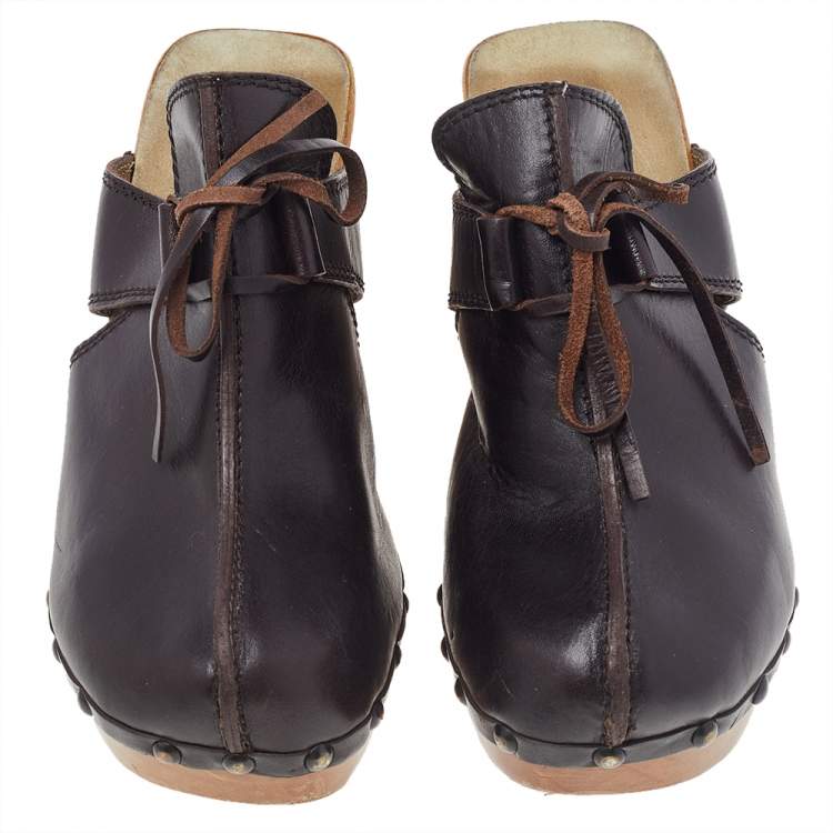 Pre Owned Dolce & Gabbana Dark Brown Leather Wooden Clog Sandals Size 39.5