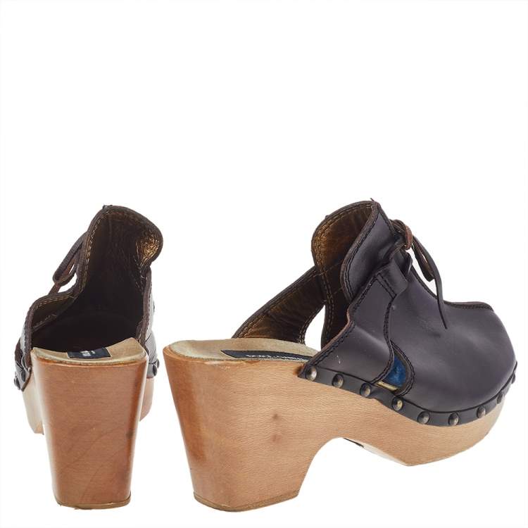 Pre Owned Dolce & Gabbana Dark Brown Leather Wooden Clog Sandals Size 39.5
