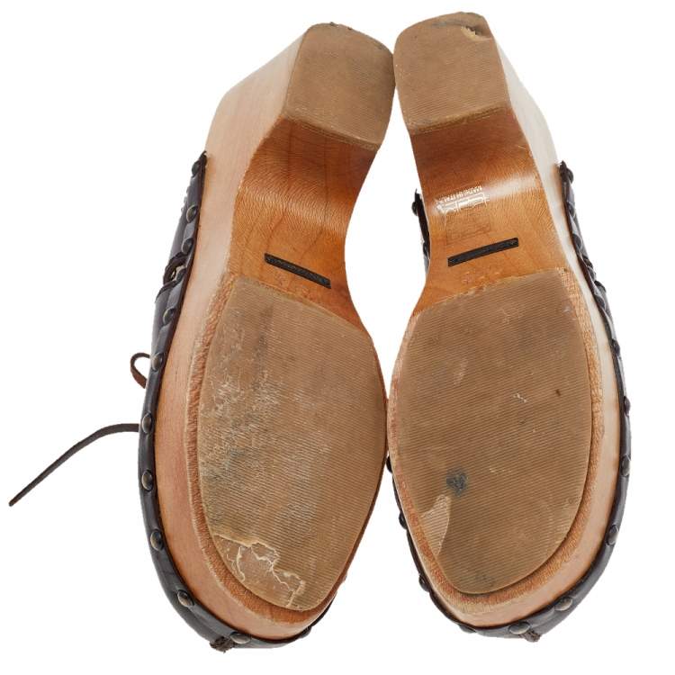Pre Owned Dolce & Gabbana Dark Brown Leather Wooden Clog Sandals Size 39.5