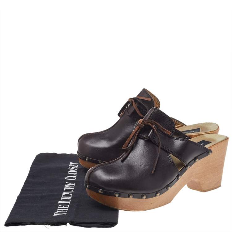 Pre Owned Dolce & Gabbana Dark Brown Leather Wooden Clog Sandals Size 39.5