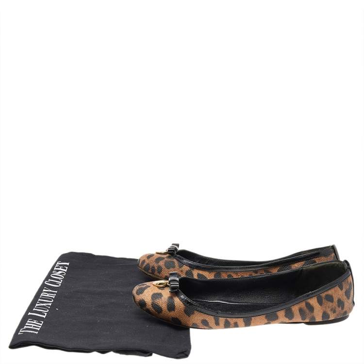 Pre Owned Dolce & Gabbana Brown Leopard Print Coated Canvas Bow Detail Ballet Flats Size 37