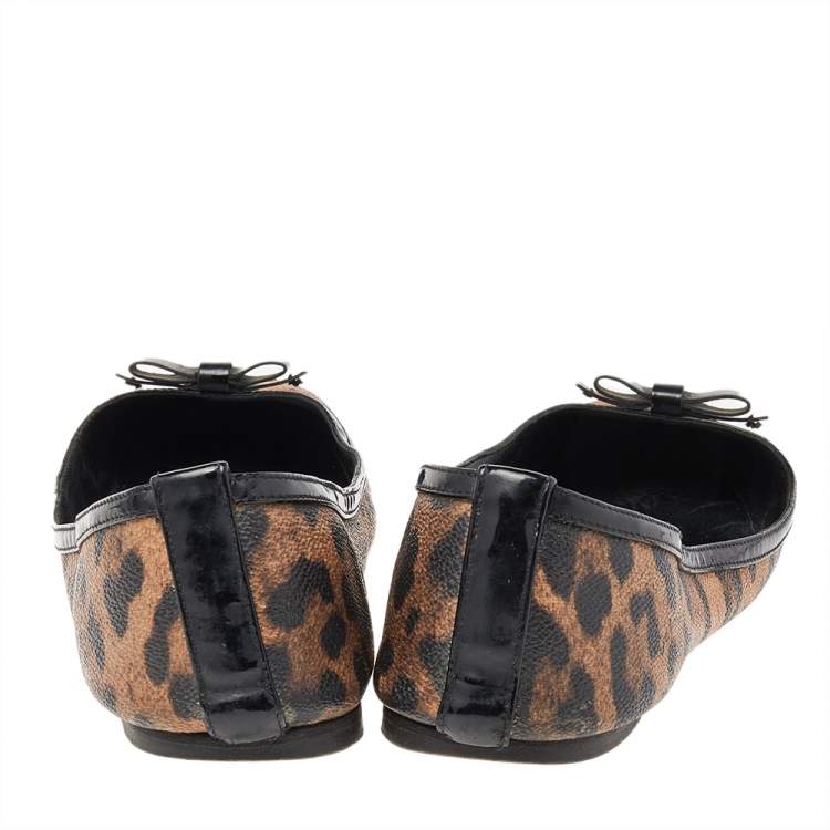 Pre Owned Dolce & Gabbana Brown Leopard Print Coated Canvas Bow Detail Ballet Flats Size 37