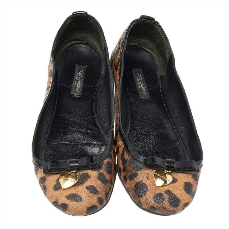 Pre Owned Dolce & Gabbana Brown Leopard Print Coated Canvas Bow Detail Ballet Flats Size 37