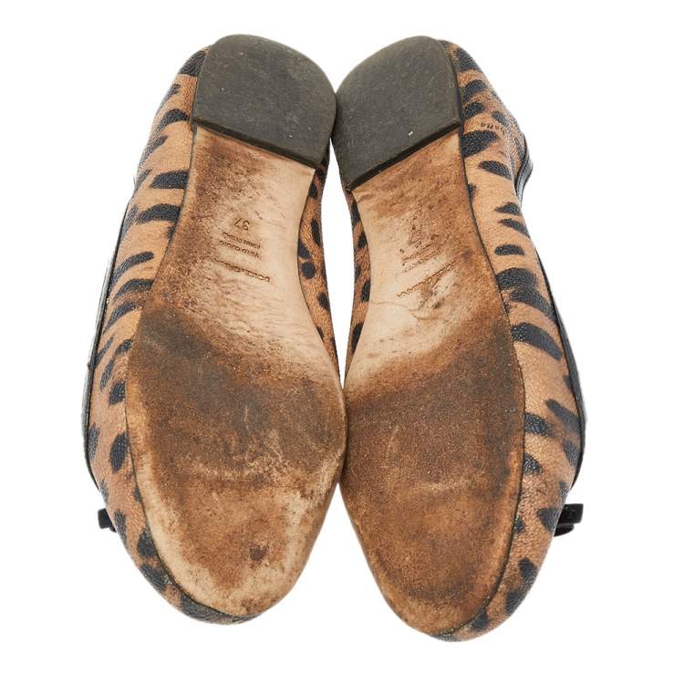Pre Owned Dolce & Gabbana Brown Leopard Print Coated Canvas Bow Detail Ballet Flats Size 37