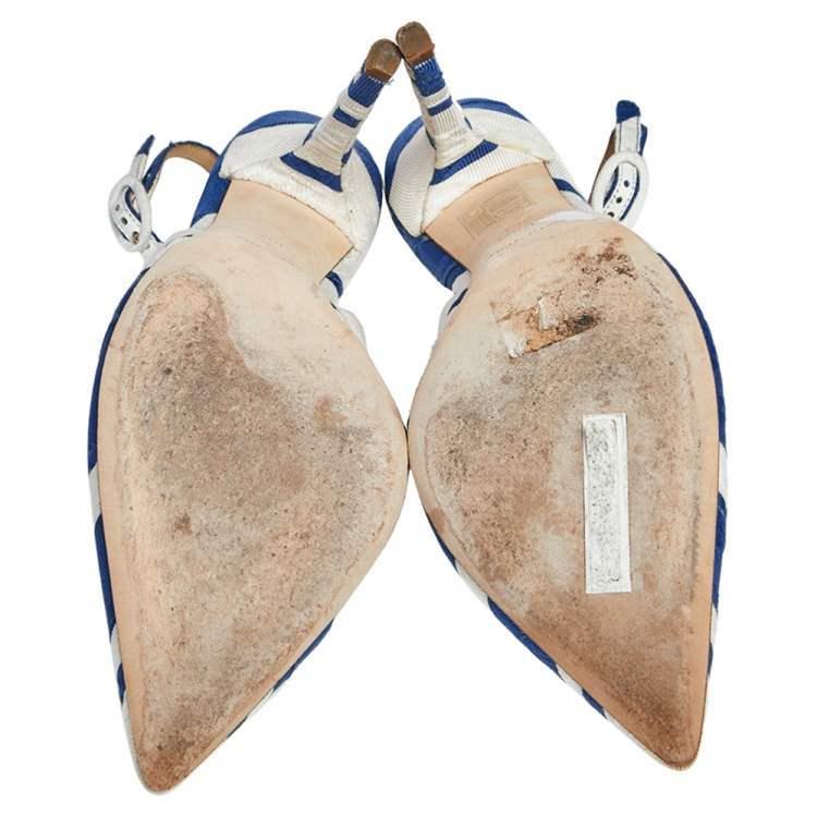 Pre Owned Dolce & Gabbana Blue/ White Stripe Brocade Fabric Pointed Toe Slingback Sandals Size 38.5