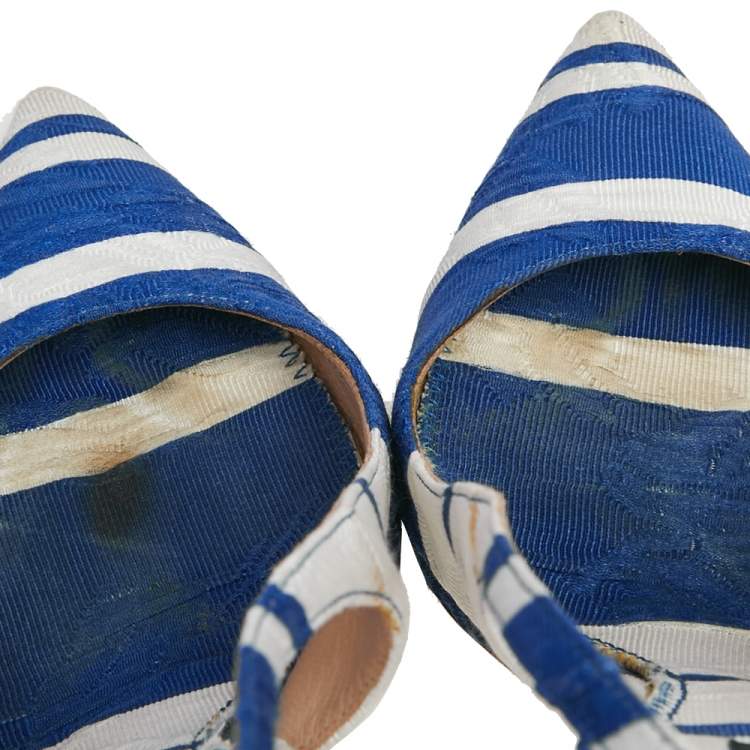 Pre Owned Dolce & Gabbana Blue/ White Stripe Brocade Fabric Pointed Toe Slingback Sandals Size 38.5