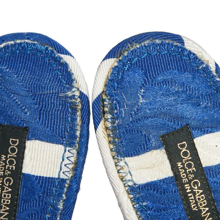 Pre Owned Dolce & Gabbana Blue/ White Stripe Brocade Fabric Pointed Toe Slingback Sandals Size 38.5