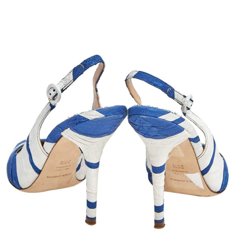 Pre Owned Dolce & Gabbana Blue/ White Stripe Brocade Fabric Pointed Toe Slingback Sandals Size 38.5