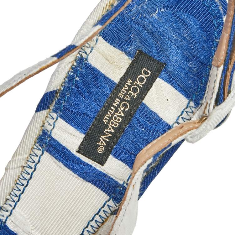 Pre Owned Dolce & Gabbana Blue/ White Stripe Brocade Fabric Pointed Toe Slingback Sandals Size 38.5