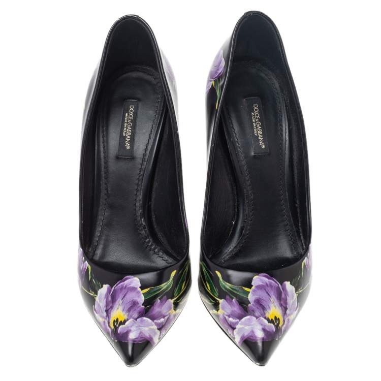 Pre Owned Dolce & Gabbana Black Floral Printed Leather Pointed Toe Pumps Size 38