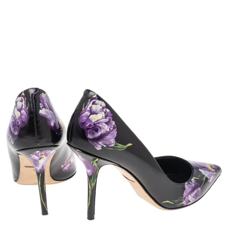 Pre Owned Dolce & Gabbana Black Floral Printed Leather Pointed Toe Pumps Size 38
