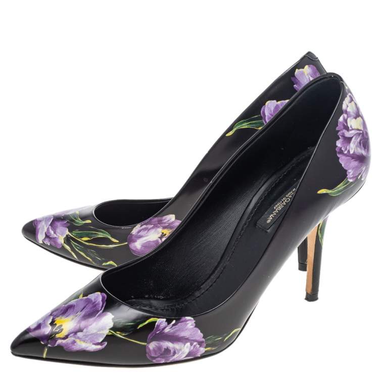 Pre Owned Dolce & Gabbana Black Floral Printed Leather Pointed Toe Pumps Size 38
