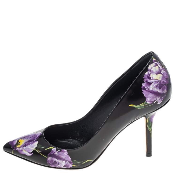 Pre Owned Dolce & Gabbana Black Floral Printed Leather Pointed Toe Pumps Size 38