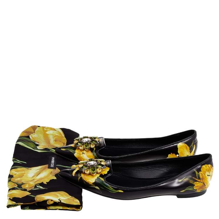 Pre Owned Dolce & Gabbana Black Floral Printed Leather Crystal Embellished Pointed Toe Ballet Flat Size 37