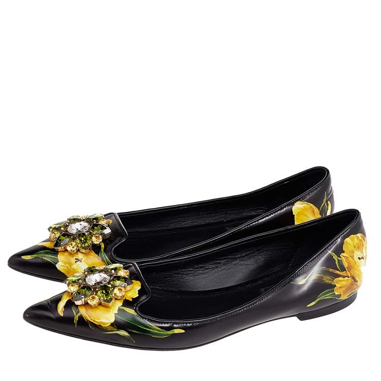 Pre Owned Dolce & Gabbana Black Floral Printed Leather Crystal Embellished Pointed Toe Ballet Flat Size 37