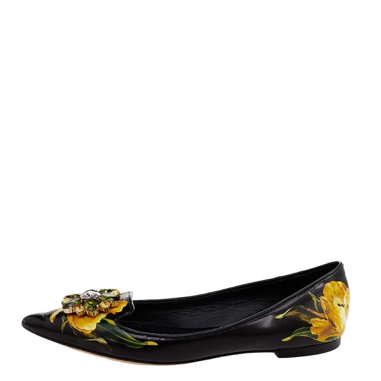Pre Owned Dolce & Gabbana Black Floral Printed Leather Crystal Embellished Pointed Toe Ballet Flat Size 37