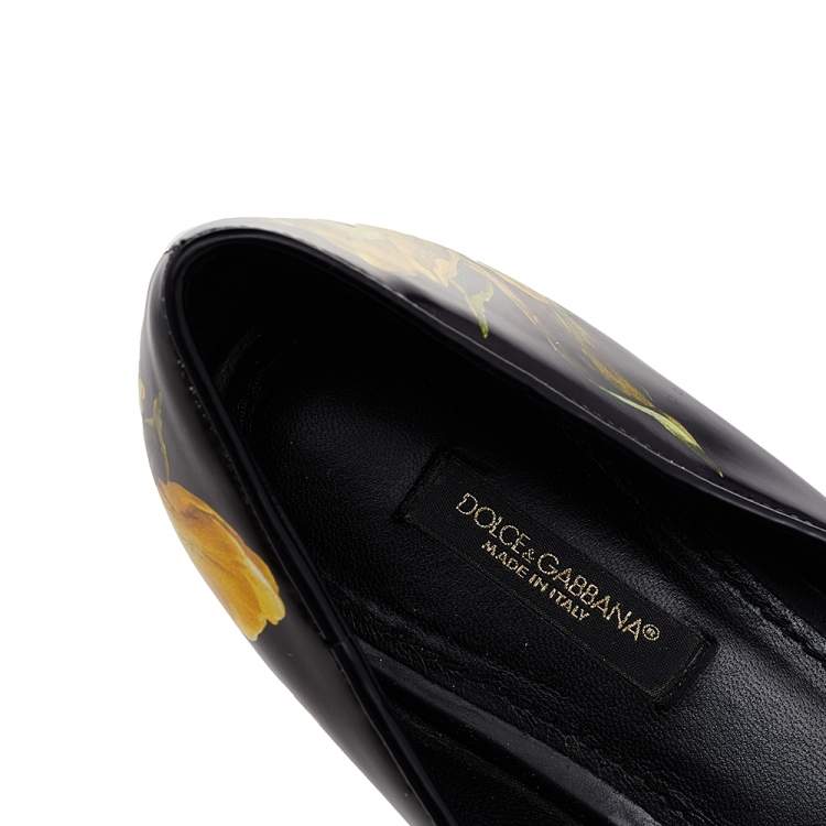 Pre Owned Dolce & Gabbana Black Floral Printed Leather Crystal Embellished Pointed Toe Ballet Flat Size 37