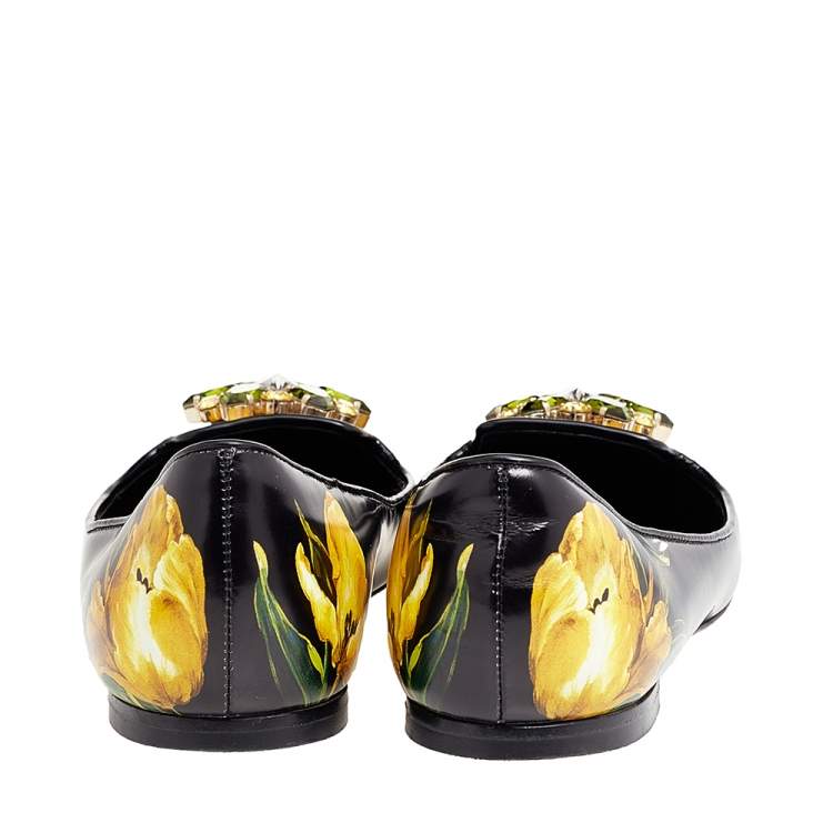 Pre Owned Dolce & Gabbana Black Floral Printed Leather Crystal Embellished Pointed Toe Ballet Flat Size 37