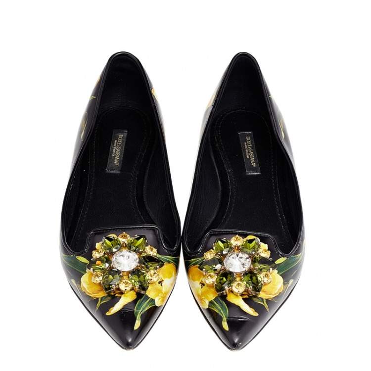 Pre Owned Dolce & Gabbana Black Floral Printed Leather Crystal Embellished Pointed Toe Ballet Flat Size 37