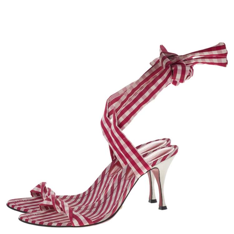 Pre Owned Dolce & Gabbana Red/White Check Fabric Sling Back Sandals Size 40