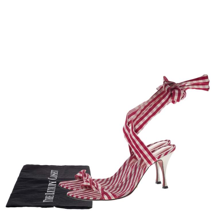 Pre Owned Dolce & Gabbana Red/White Check Fabric Sling Back Sandals Size 40