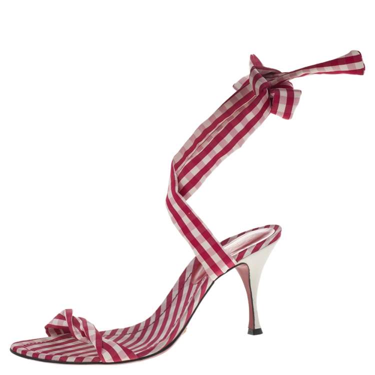 Pre Owned Dolce & Gabbana Red/White Check Fabric Sling Back Sandals Size 40