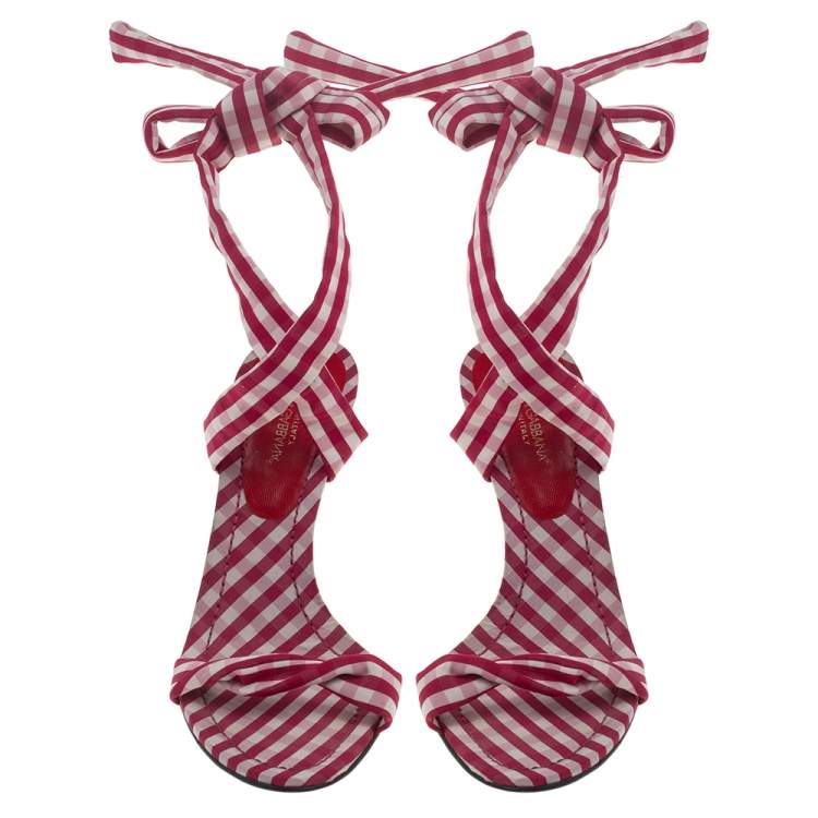 Pre Owned Dolce & Gabbana Red/White Check Fabric Sling Back Sandals Size 40