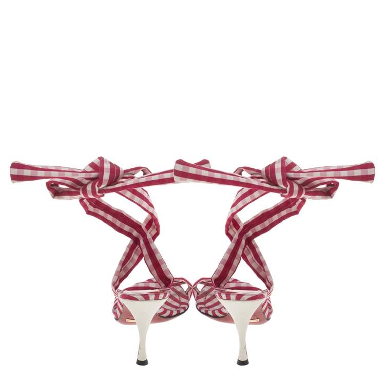 Pre Owned Dolce & Gabbana Red/White Check Fabric Sling Back Sandals Size 40