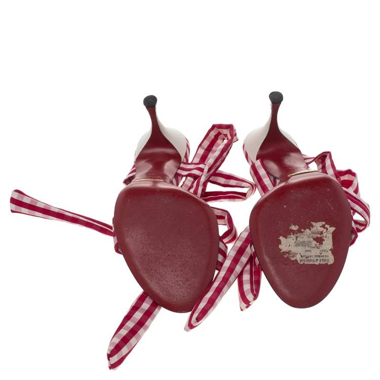 Pre Owned Dolce & Gabbana Red/White Check Fabric Sling Back Sandals Size 40