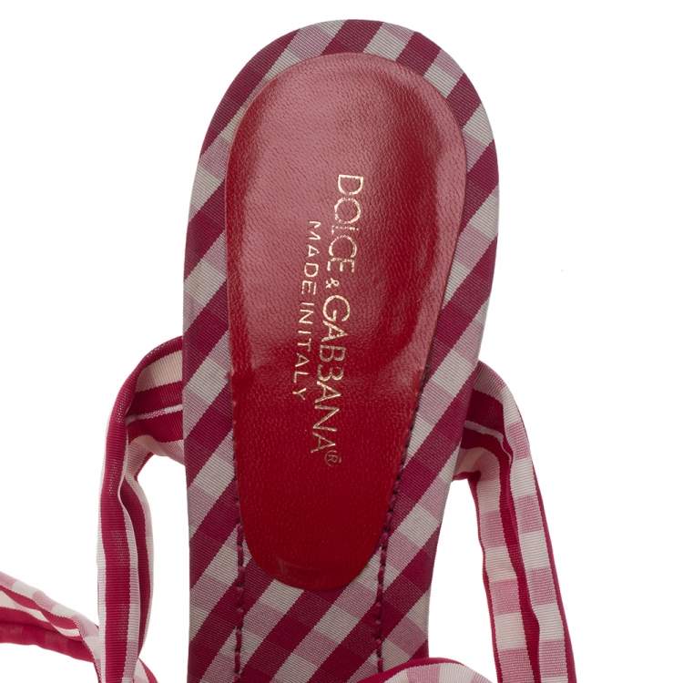 Pre Owned Dolce & Gabbana Red/White Check Fabric Sling Back Sandals Size 40