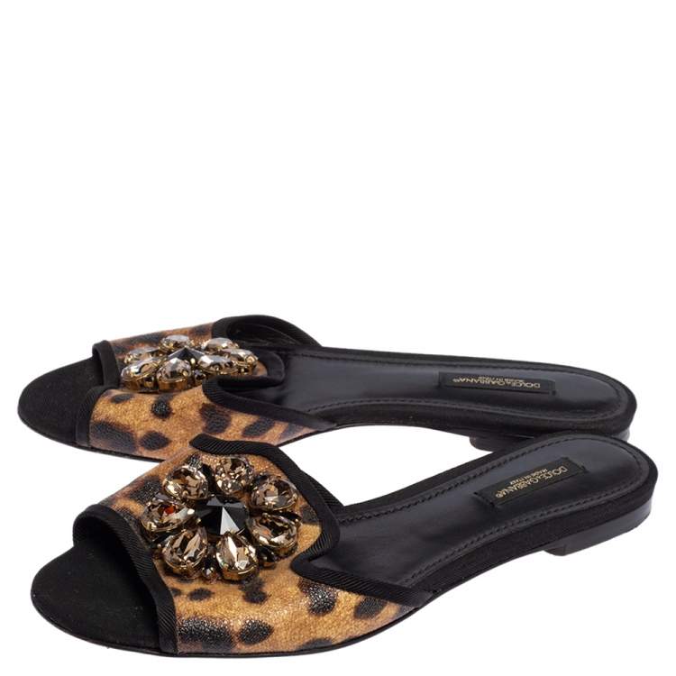 Pre Owned Dolce & Gabbana Leopard Print Coated Canvas Crystal Embellished Bianca Flats Size 37