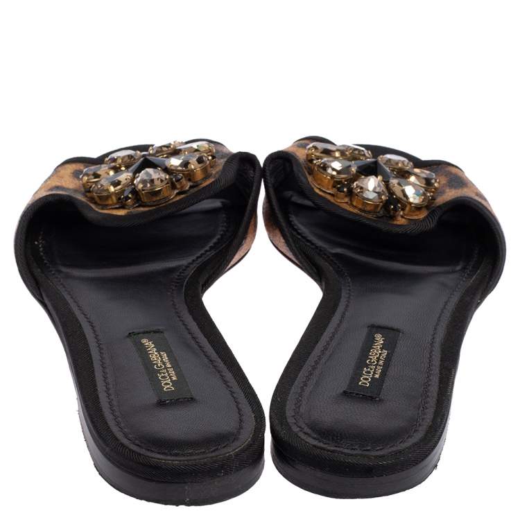 Pre Owned Dolce & Gabbana Leopard Print Coated Canvas Crystal Embellished Bianca Flats Size 37