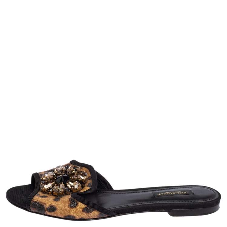 Pre Owned Dolce & Gabbana Leopard Print Coated Canvas Crystal Embellished Bianca Flats Size 37