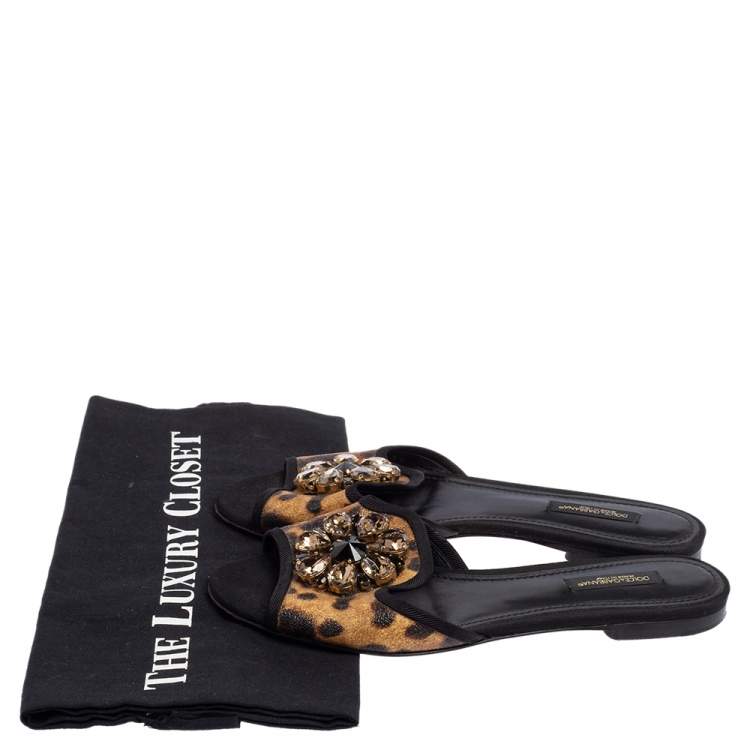 Pre Owned Dolce & Gabbana Leopard Print Coated Canvas Crystal Embellished Bianca Flats Size 37