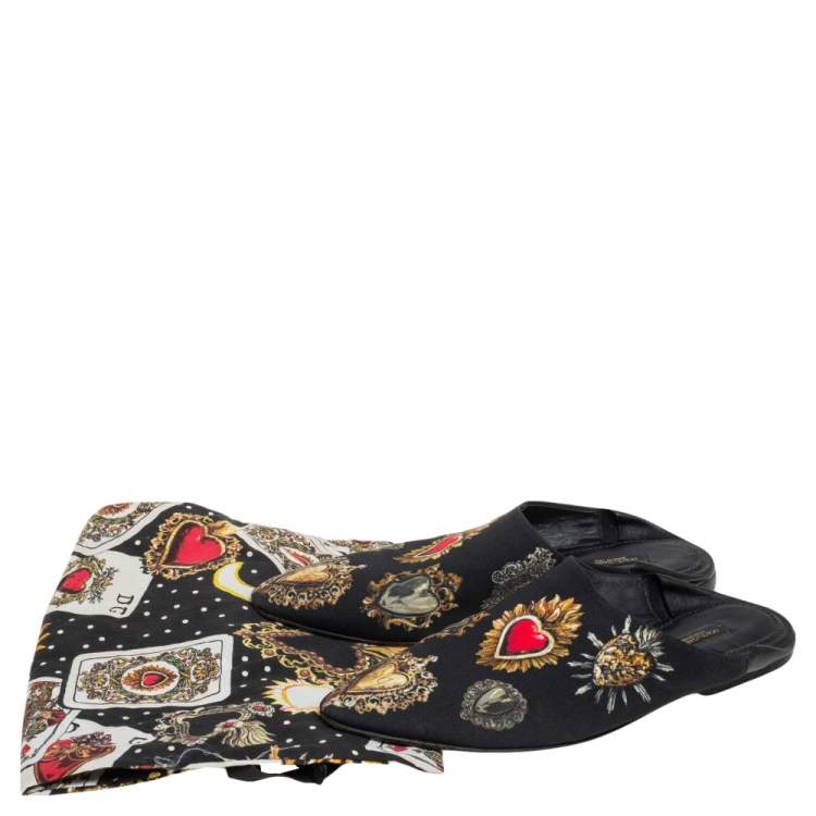 Pre Owned Dolce & Gabbana Black Heart Printed Canvas Flat Mules Size 38