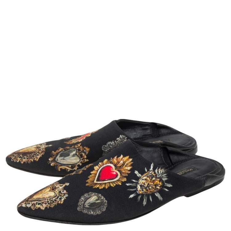 Pre Owned Dolce & Gabbana Black Heart Printed Canvas Flat Mules Size 38