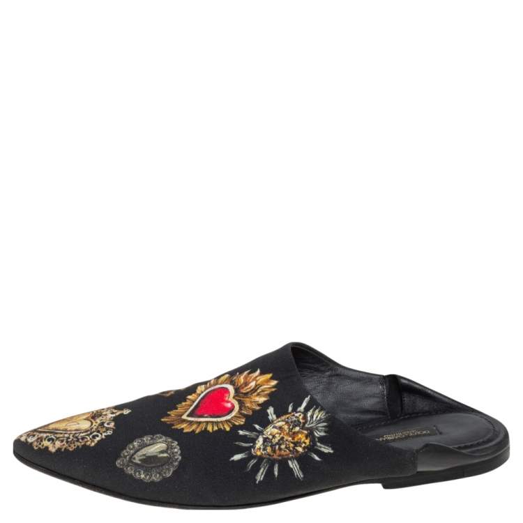 Pre Owned Dolce & Gabbana Black Heart Printed Canvas Flat Mules Size 38