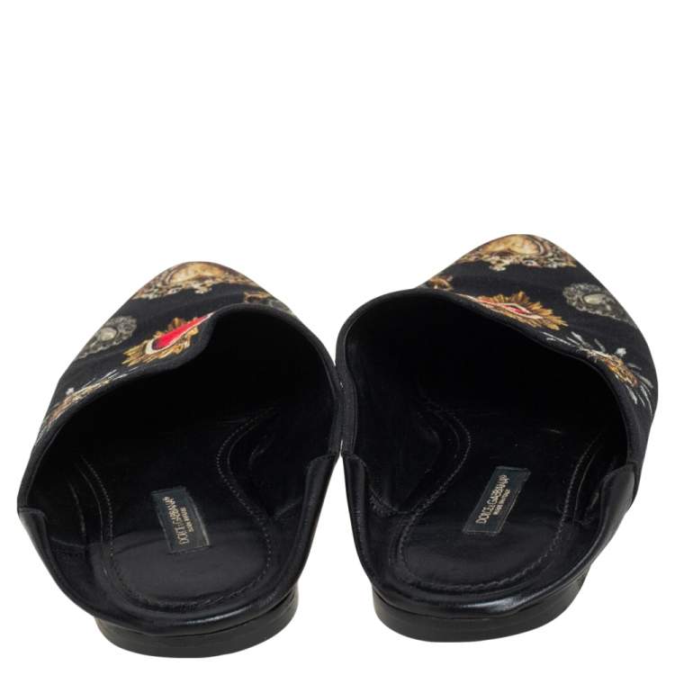 Pre Owned Dolce & Gabbana Black Heart Printed Canvas Flat Mules Size 38