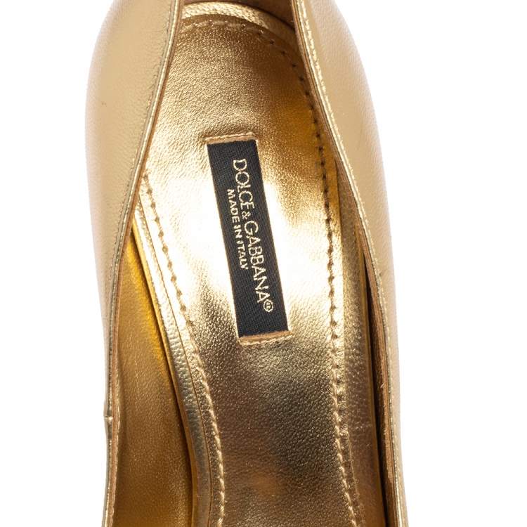 Pre Owned Dolce & Gabbana Gold Leather Platform Pumps Size 37.5